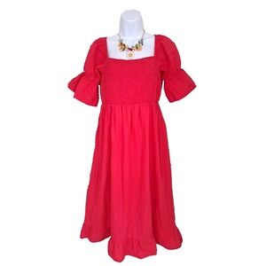 Midi Dress Size M Red Smocked Babydoll Milk Maid Puff Short Sleeves Unbranded